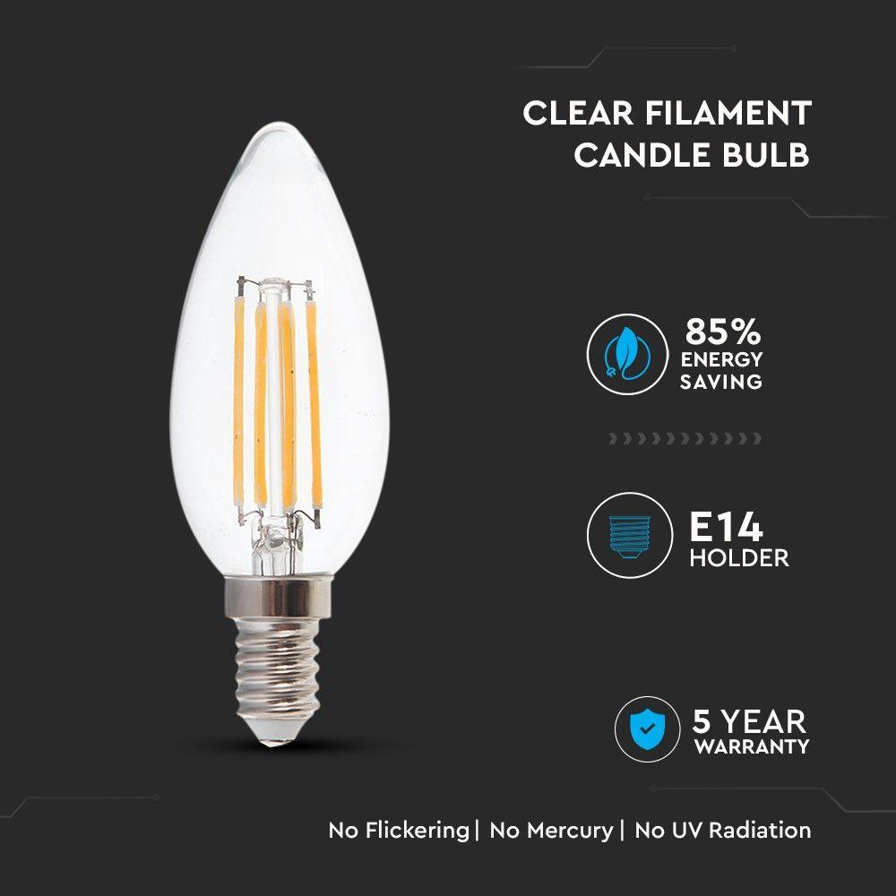 4W C35 Żarówka LED Filament, Klosz Transparentny, Chip SAMSUNG, Barwa:2700K, Ściemniana, Trzonek:E14, VTAC, SKU 278