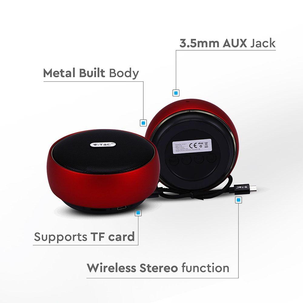 Głośnik bluetooth z funkcją TWS, Obudowa: metal/AUX/USB/Slot MICRO SD/800mAh, Czerwony, VTAC, SKU 7716