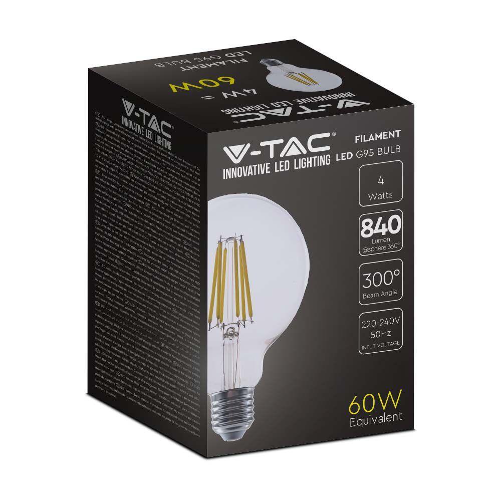 4W G95 Żarówka LED Filament, Klosz Transparentny, Barwa:4000K, Trzonek:E27, Skuteczność: 210lm/W, VTAC, SKU 2995