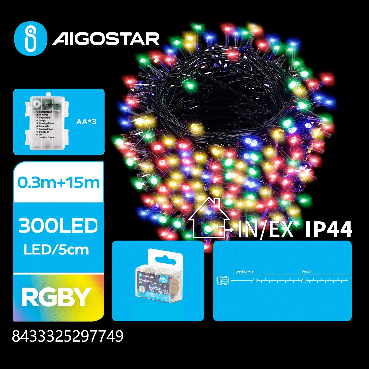 3AA battery flat string lights, RGBY, 15m