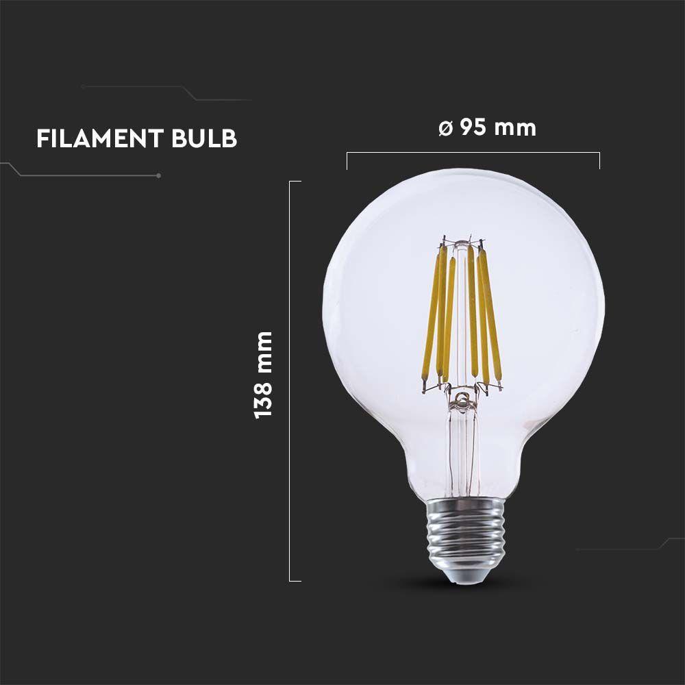 4W G95 Żarówka LED Filament, Klosz Transparentny, Barwa:3000K, Trzonek:E27, Skuteczność: 210lm/W, VTAC, SKU 2994