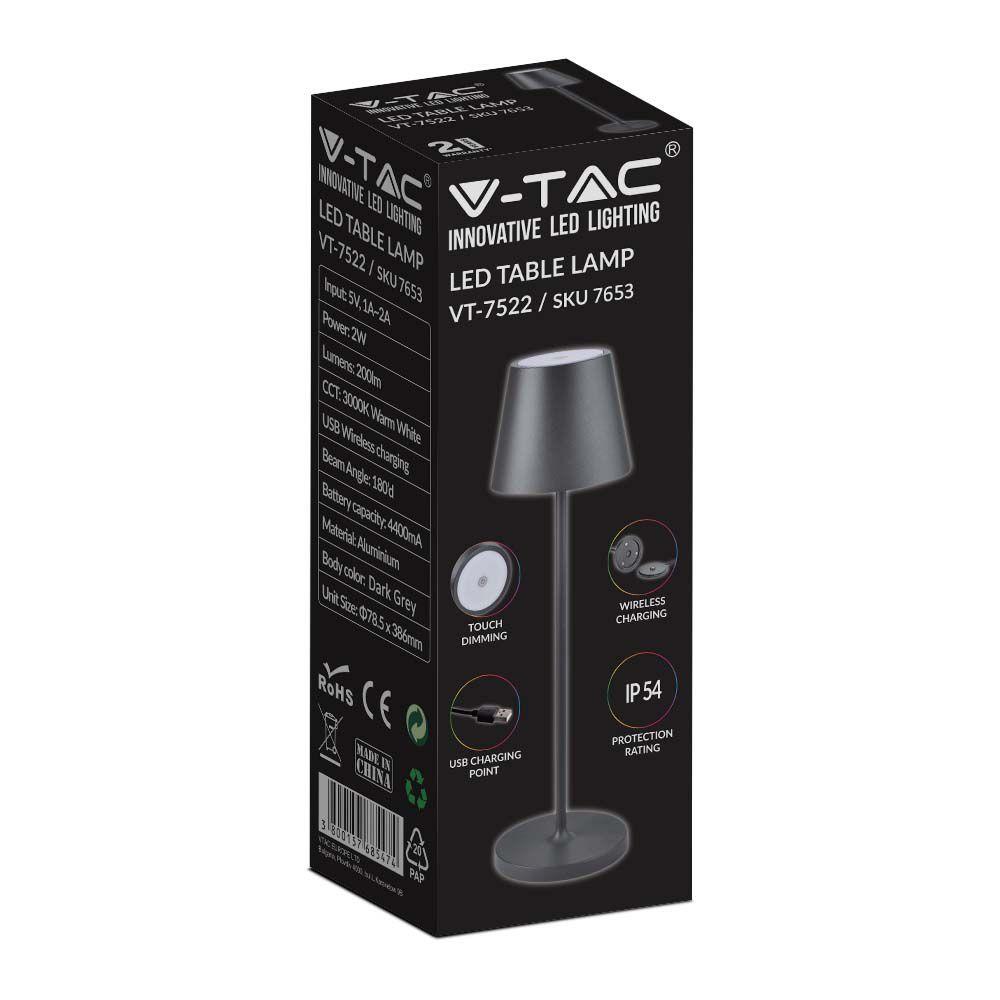 VT-7522 LED 2W TABLE LAMP 4400mA BATTERY 3000K IP54 GREY BODY