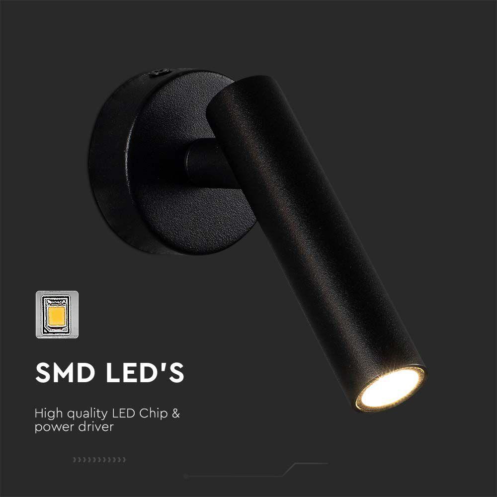 2W Lampa naścienna Spotlight LED, Barwa: 3000K, Obudowa: Czarna      , VTAC, SKU 10290