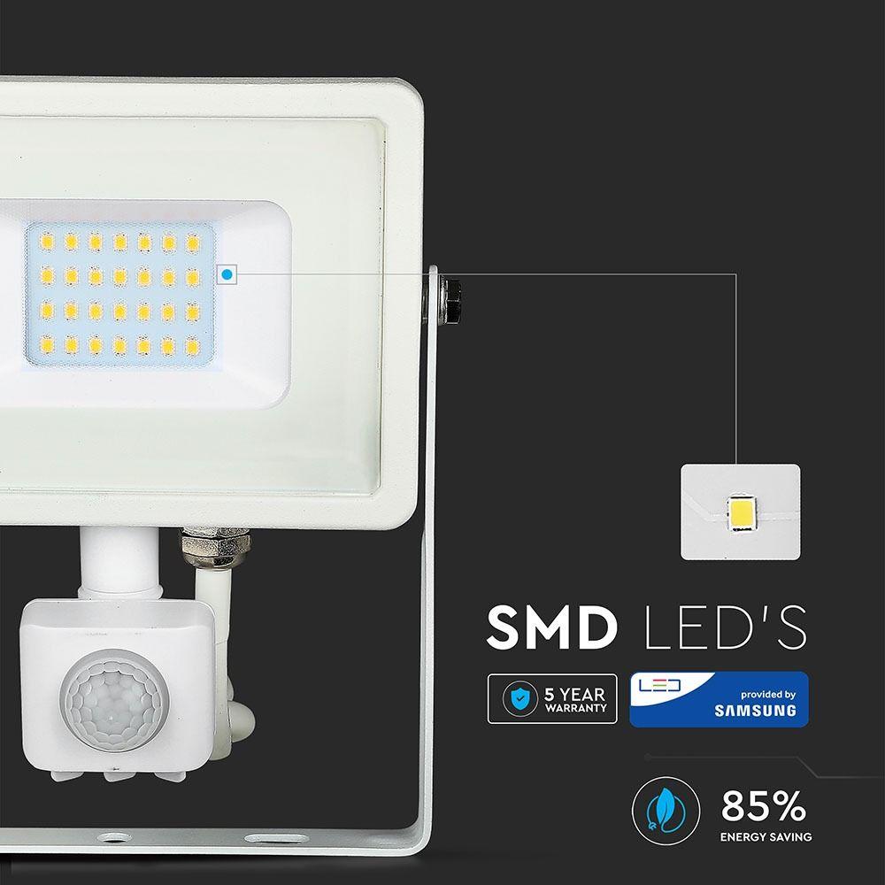 20W Naświetlacz LED SMD z czujnikiem ruchu, Chip SAMSUNG, Barwa:6400K, Obudowa: Biała , VTAC, SKU 450