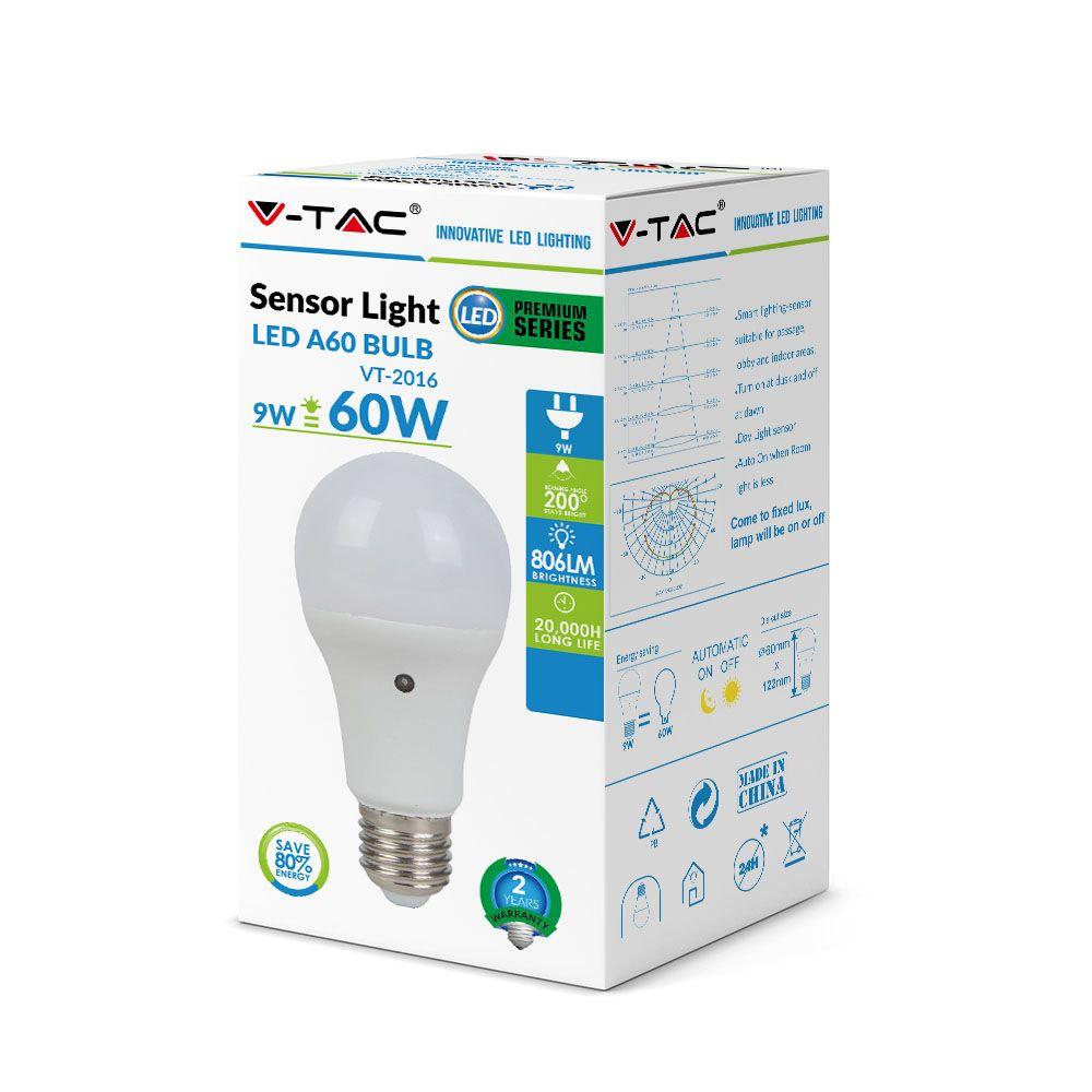 VT-2016 9W A60 PLASTIC SENSOR LED BULB 6000K E27 200'D