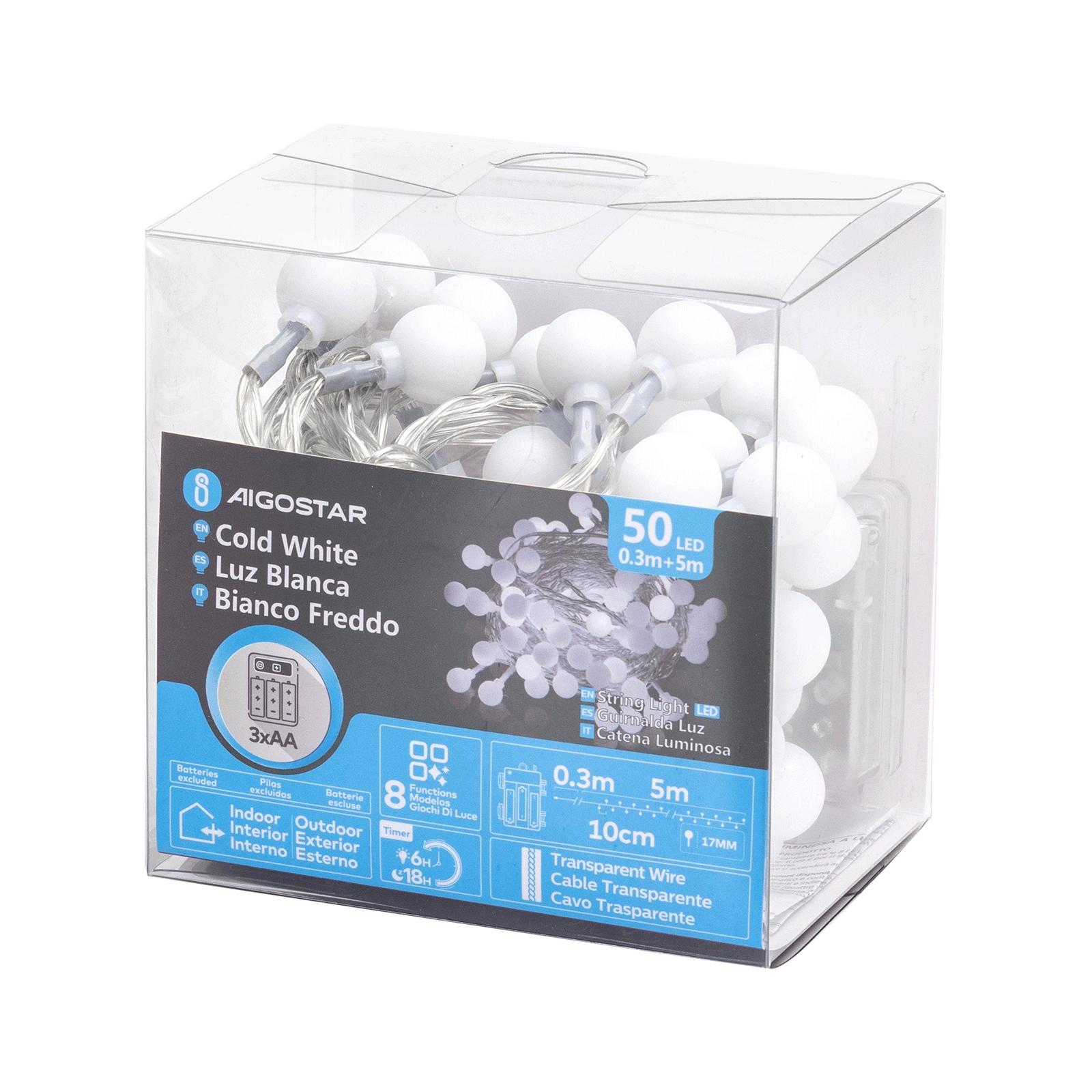 3AA battery milk bulb string lights, cold white, 5m