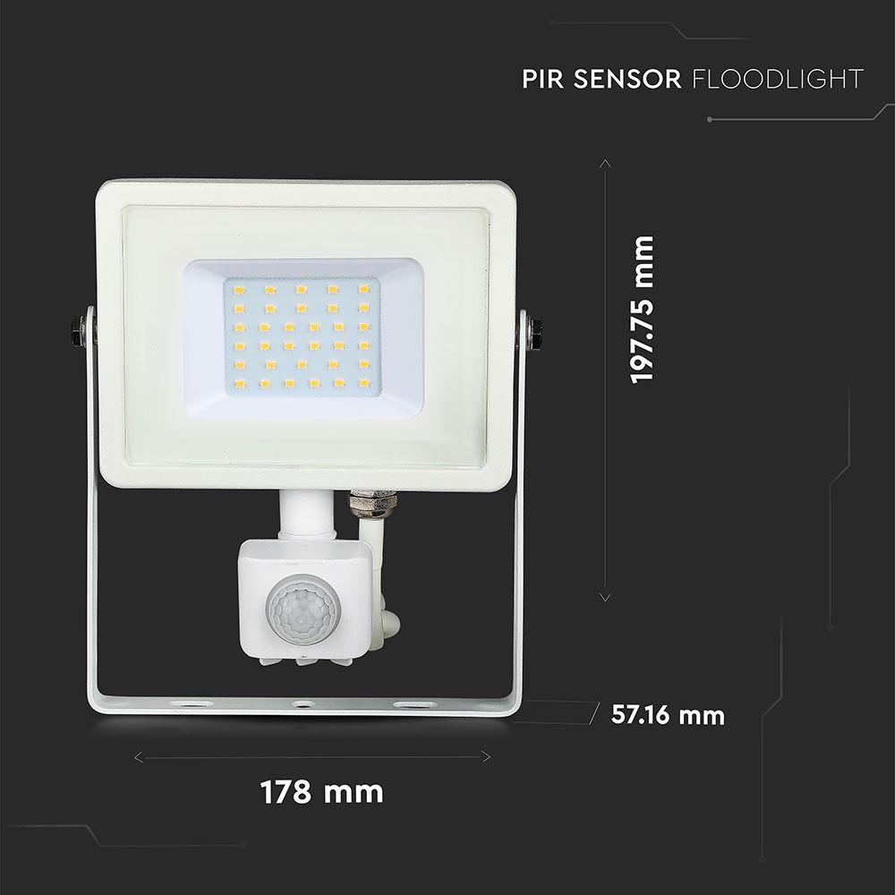 30W Naświetlacz LED SMD z czujnikiem ruchu, Chip SAMSUNG, Barwa:6400K, Obudowa: Biała , VTAC, SKU 459