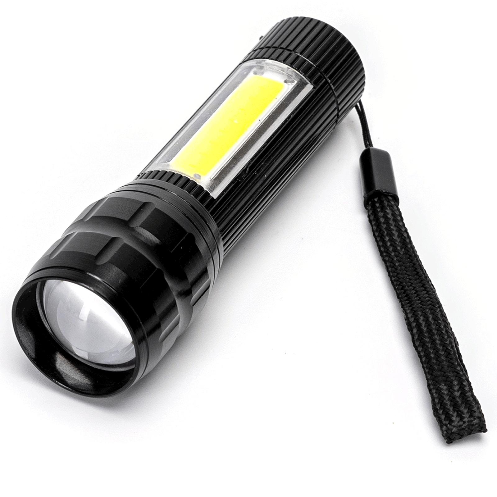 Torch with side light adjustable focus rechargeable