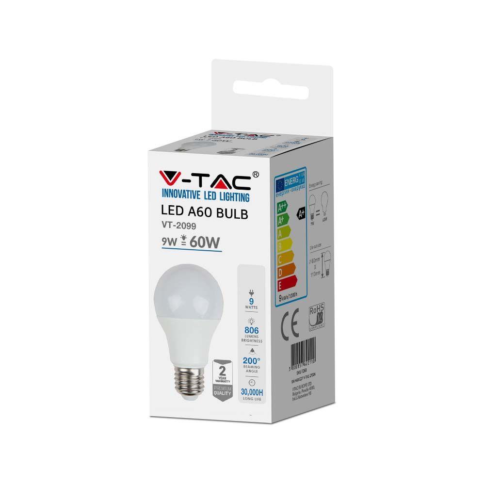 9W A60 Żarówka LED, Barwa:2700K, Trzonek:E27, VTAC, SKU 7260