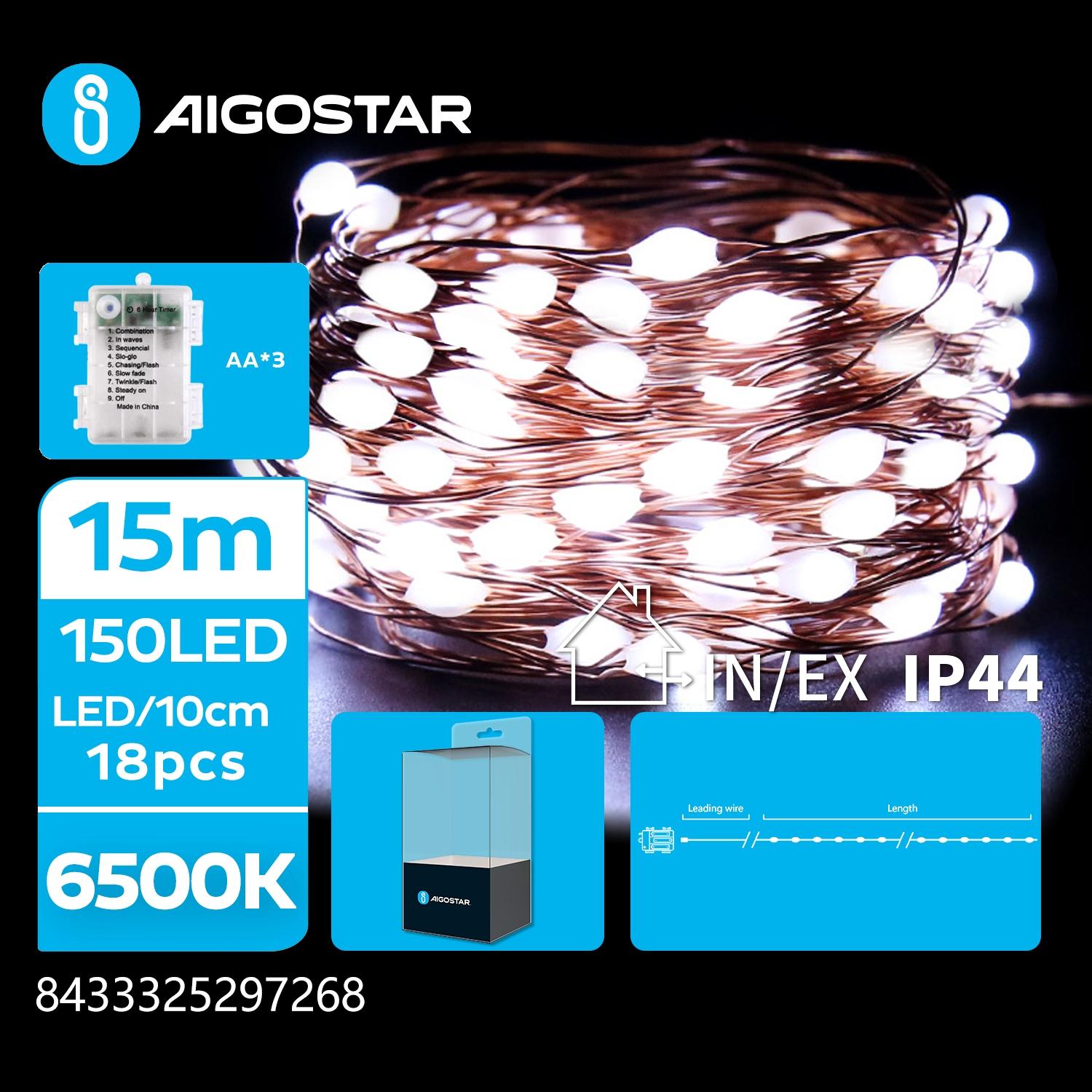 3AA battery copper wire string lights, cold white, 15m