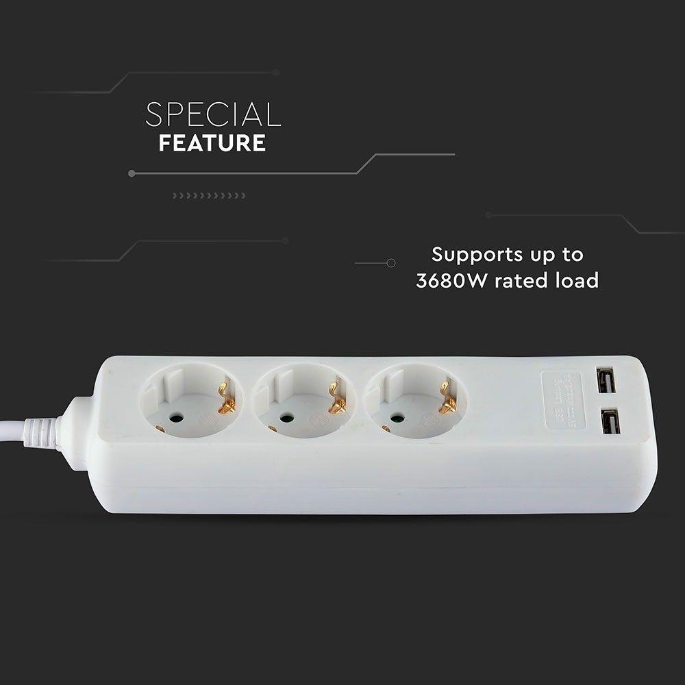 VT-1124-5 3WAYS SOCKET WITH 2USB(3G1.5MM2 X5M)-WHITE