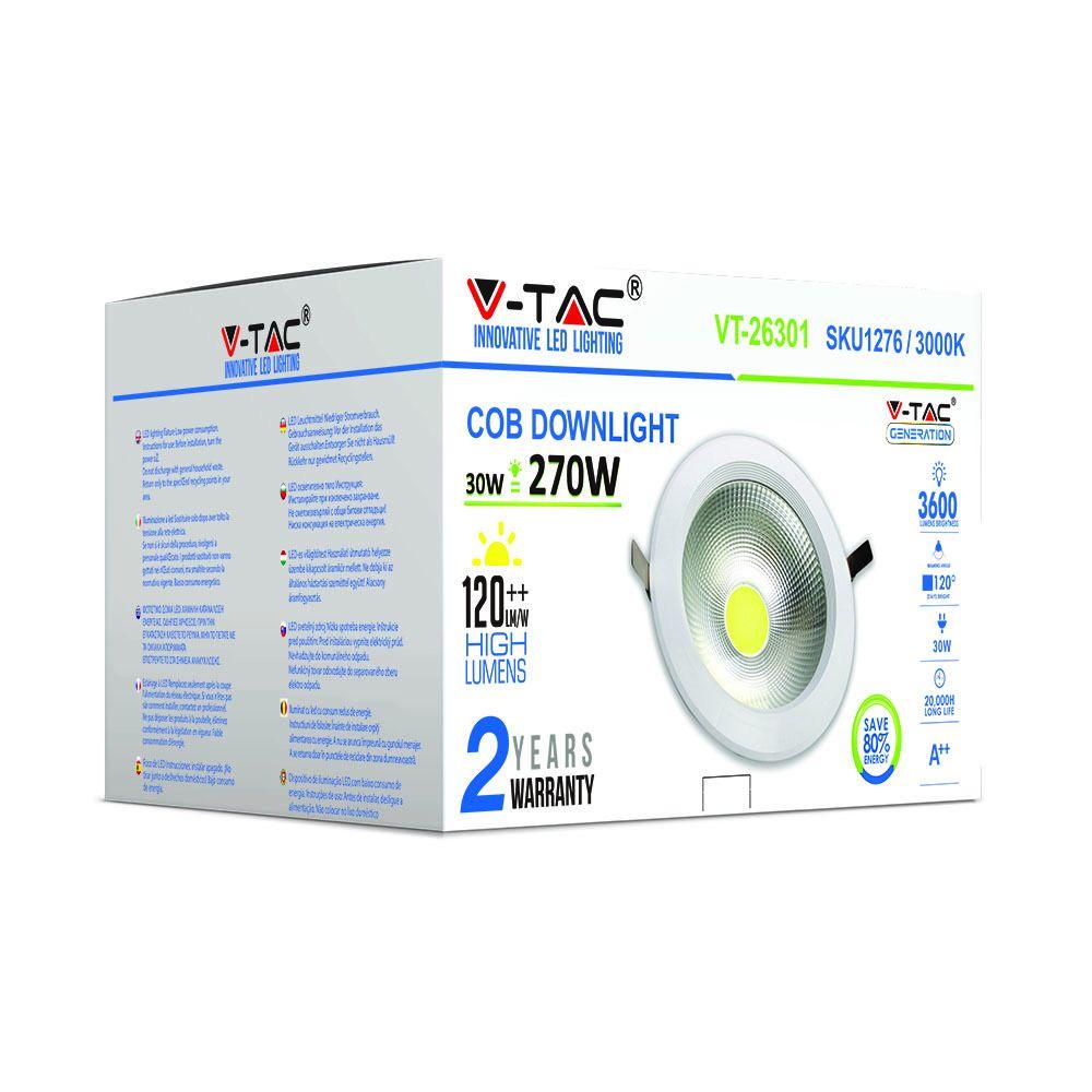 30W Oprawa wpuszczana reflektor LED, Barwa:3000K, HIGH LUMEN, VTAC, SKU 1276