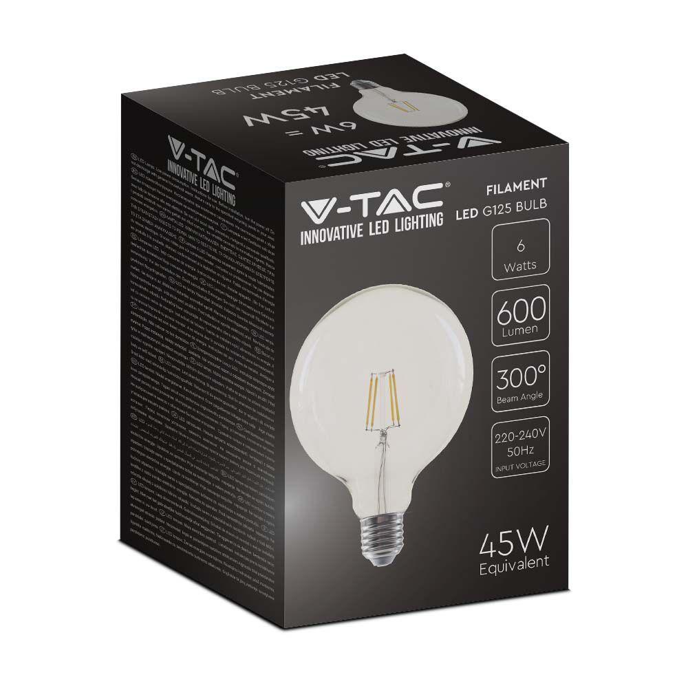 6W G125 Żarówka LED Filament, Klosz Transparentny, Barwa:3000K, Trzonek:E27, VTAC, SKU 214304