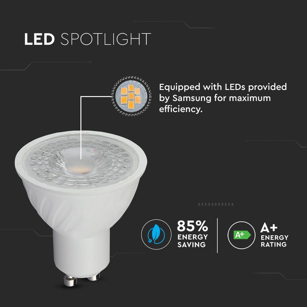 6.5W GU10 Żarówka LED, Chip SAMSUNG, Barwa:3000K, Kąt 38', Ściemniana, Trzonek:GU10, VTAC, SKU 195