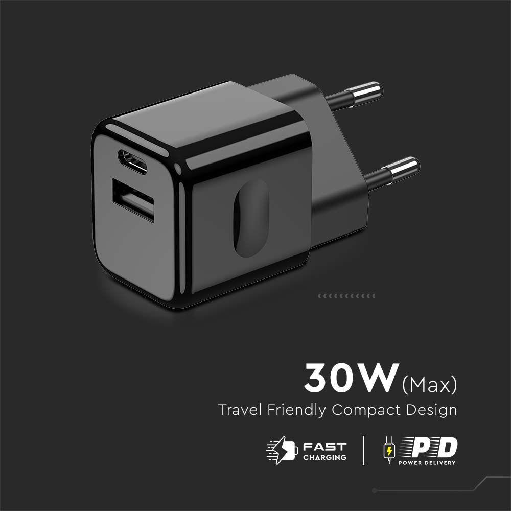 VT-5330 30W CHARGING ADAPTER 1 PD+1 QC PORT BLACK