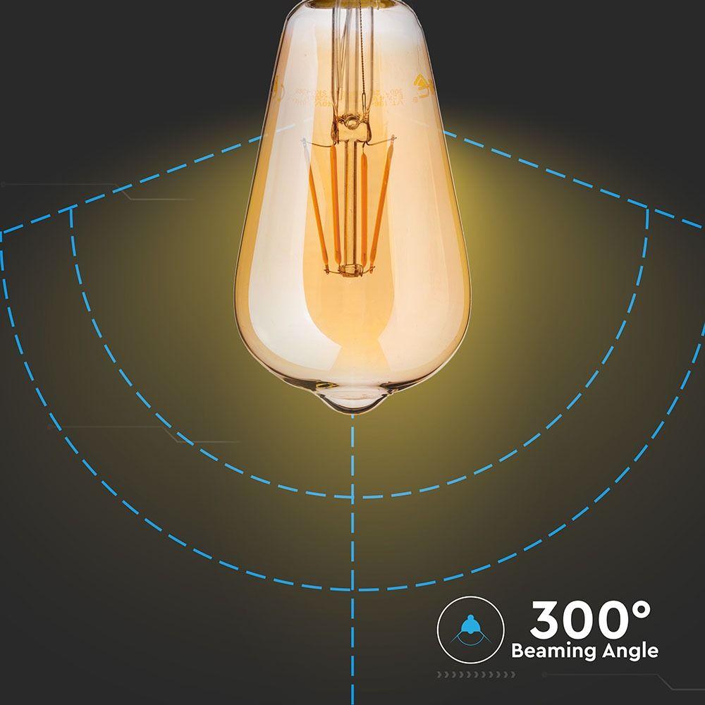 4W Żarówka LED Filament ST64/ Klosz Bursztynowy, Barwa:2200K, Ściemniana, Trzonek:B22, VTAC, SKU 7420