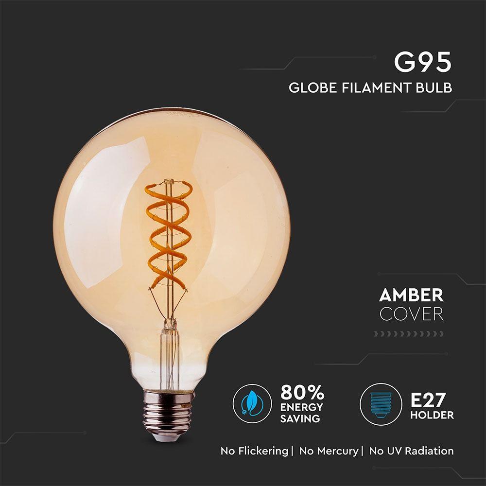 5W G95 Żarówka LED Filament Globe, Barwa:2200K, Klosz: Bursztynowy, Trzonek: E27, VTAC, SKU 7217