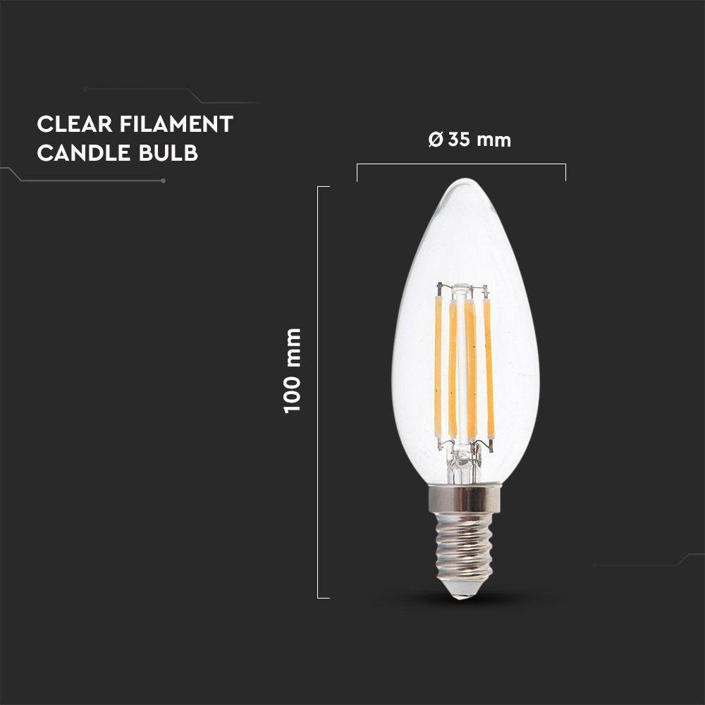 6W C35 Żarówka LED Filament, Klosz Transparentny, Barwa:3000K, Trzonek:E14, VTAC, SKU 217423