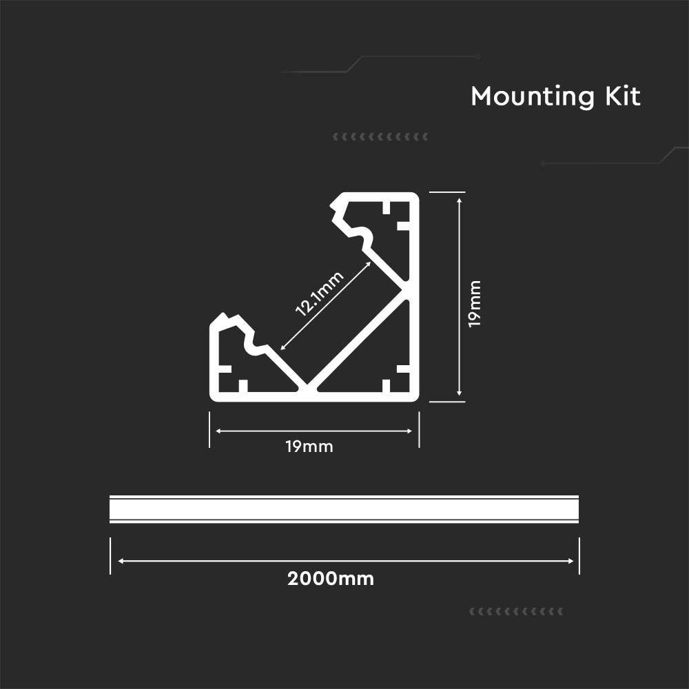 VT-8114-W MOUNTING KIT WITH DIFFUSER FOR LED STRIP PCB 12MM CORNER 2000X19X19MM WHITE