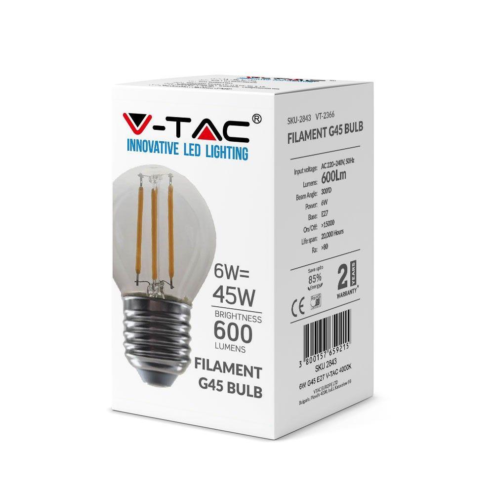 VT-2366 6W G45 LED FILAMENT BULB-CLEAR GLASS 4000K E27