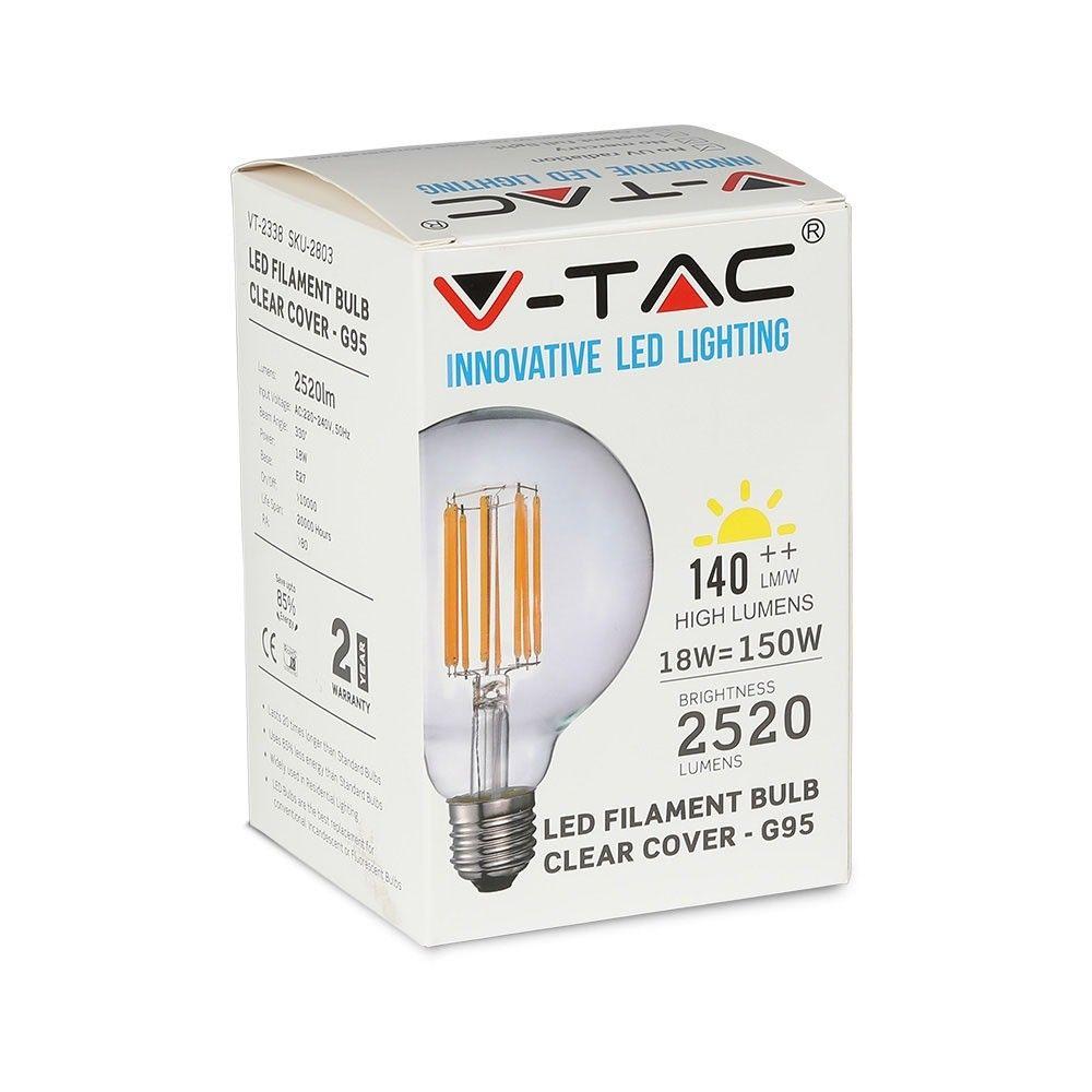 18W G95 Żarówka LED Filament, Barwa:3000K, Skuteczność: 135lm/W, Trzonek:E27 , VTAC, SKU 2803