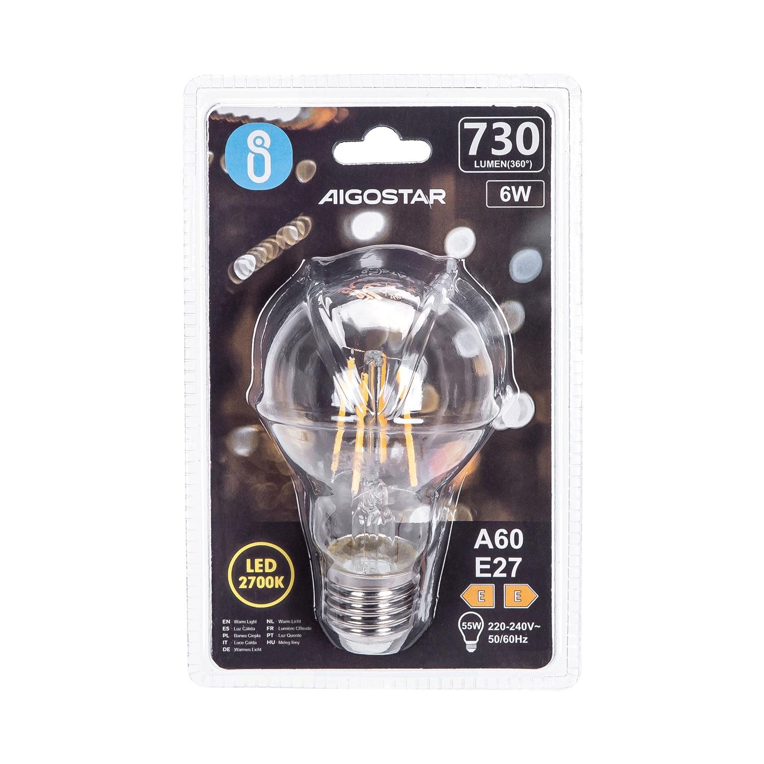 Żarówka LED Filament (Przezroczysta) A60 E27 6W(6W,E27,2700K,730lm)