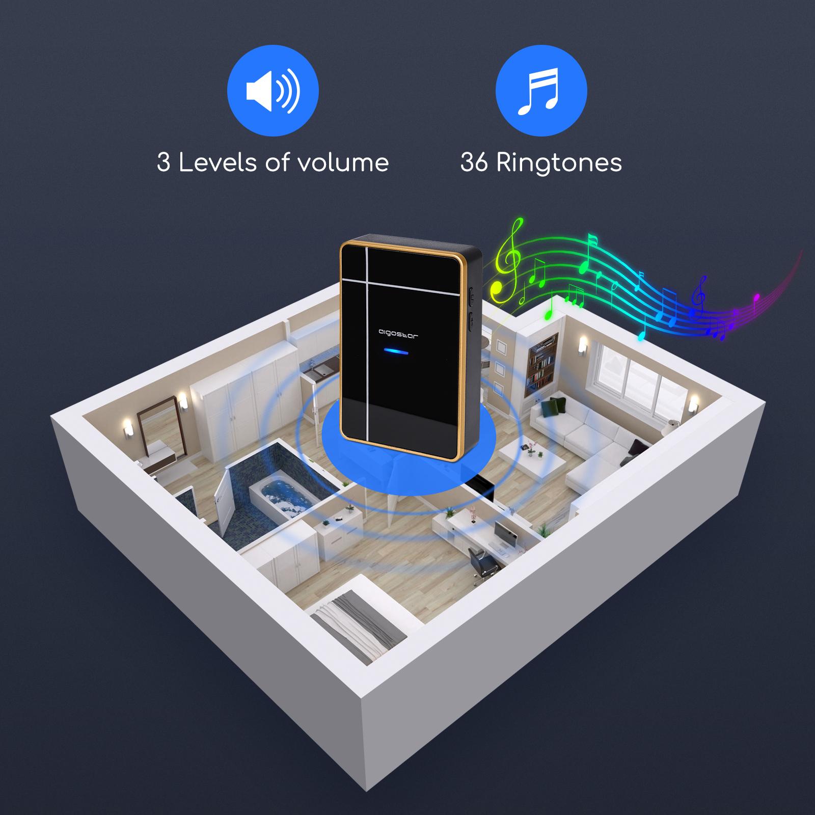 Bezprzewodowy cyfrowy dzwonek do drzwi, DC, dwa odbiorniki - czarno-złoty, AIGOSTAR