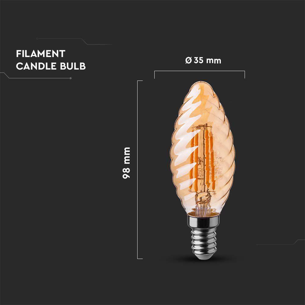 4W C35 Żarówka LED Filament, Klosz: Bursztynowy kręcony, Barwa:2200K, Trzonek:E14, VTAC, SKU 217115