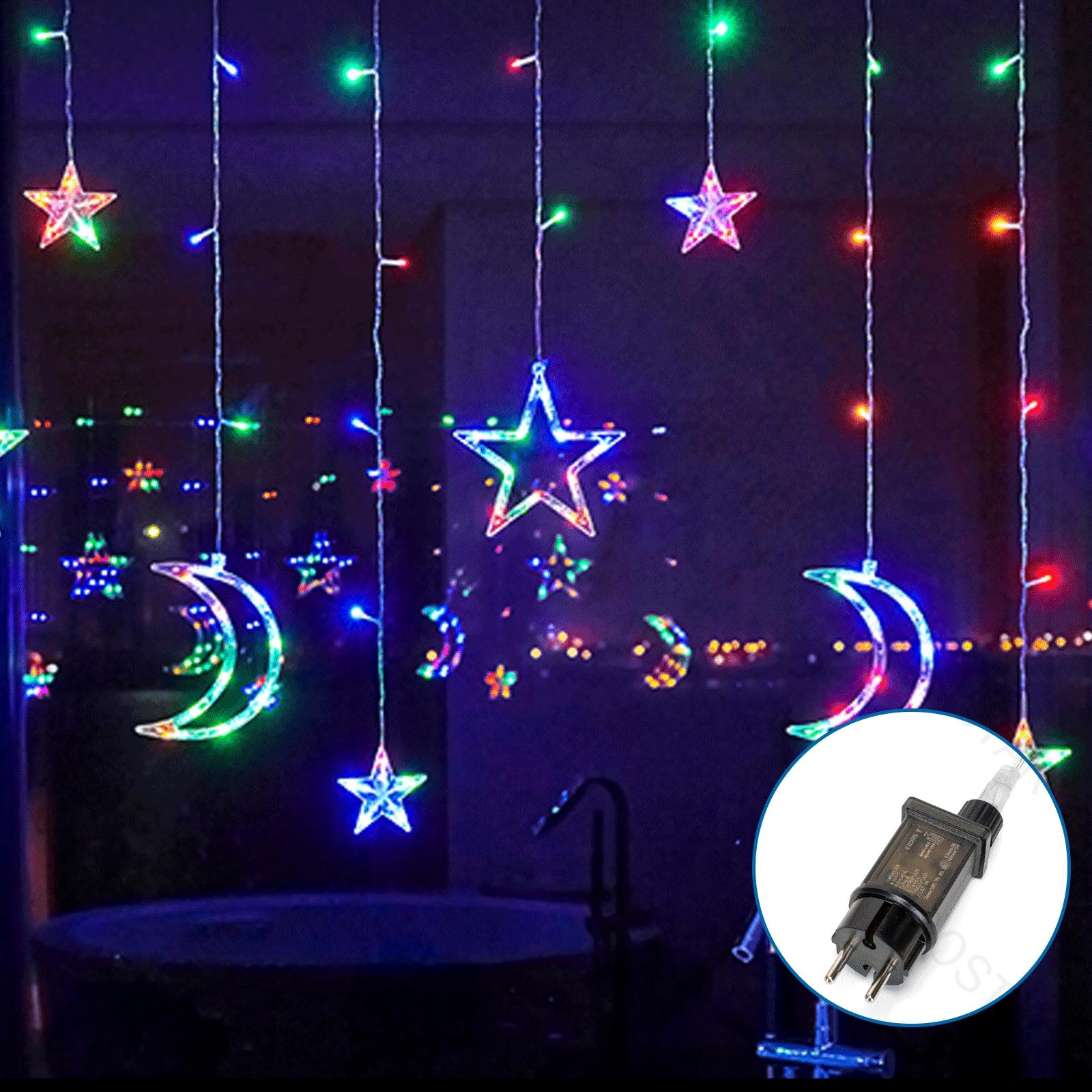 Tandem curtain Solar Icicle(Wave) Flat String Lights star and moon pendant-RGBY-3M+3M*0.6M-120LED-12string 60.50.30-transparent wire-8blink+time with control+IP44