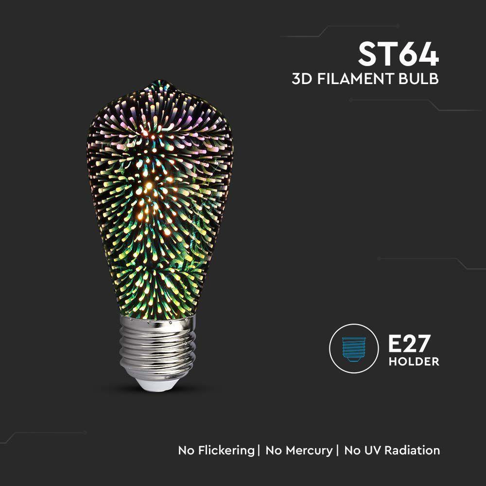 3W ST64 Żarówka LED Filament 3D, Barwa:3000K, Trzonek:E27, VTAC, SKU 212705