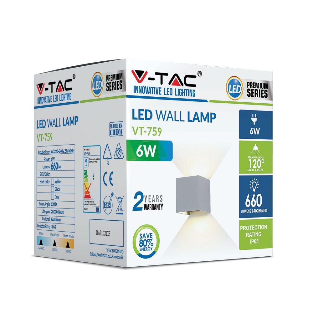 6W Kinkiet kwadrat LED, CHIP BRIDGELUX, Barwa:4000K, Szary, VTAC, SKU 7089