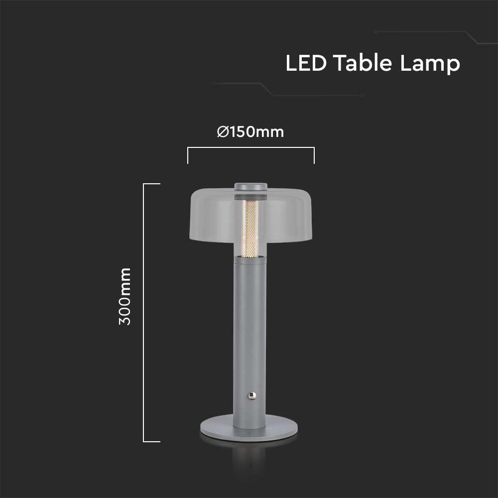 Lampka nocna LED zasilana bateryjnie, Wysokość:30cm, Bateria 1800mAh, Ściemnianie przez dotyk, Barwa:3000k, Obudowa: Szara, VTAC, SKU 7944