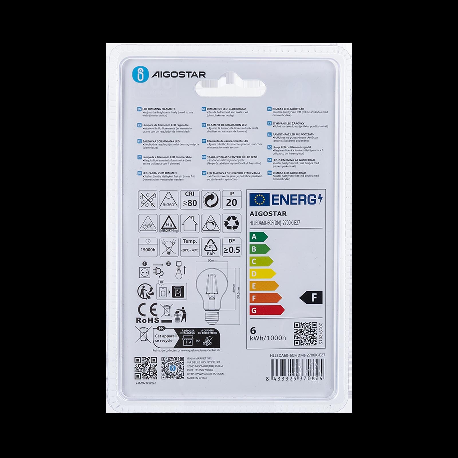 LED dimming filament A60  E27 6W 2700K