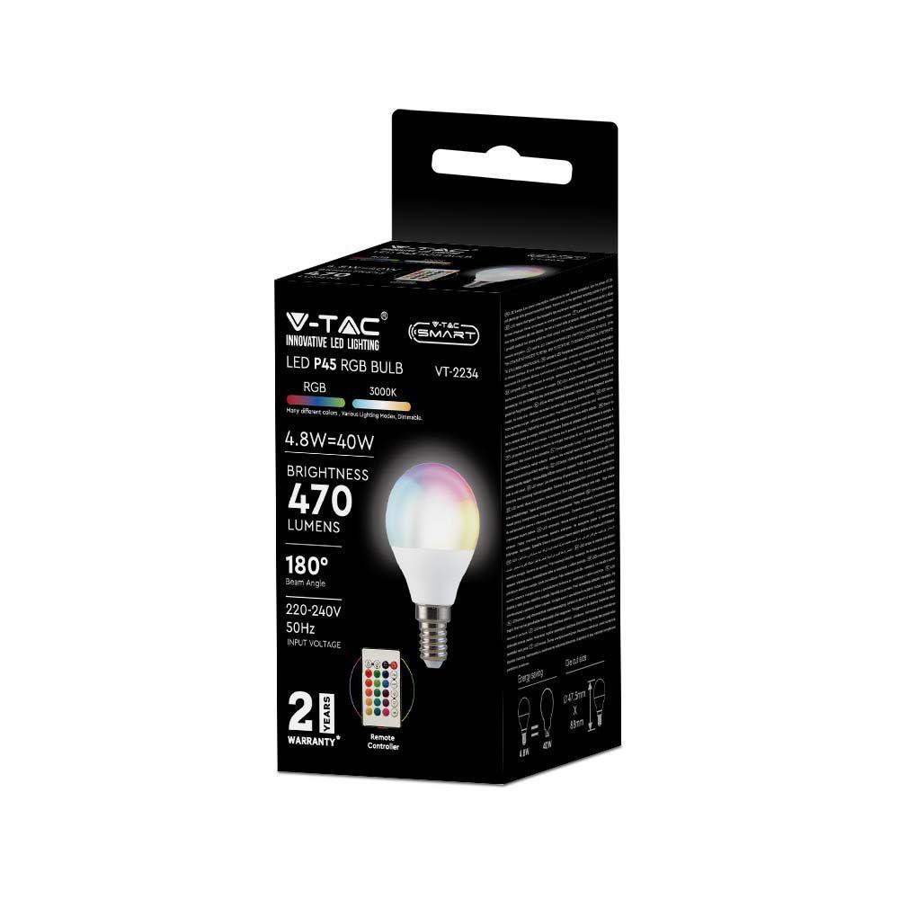 4.8W P45 Żarówka LED sterowana pilotem, Barwa:RGB+3000K, Ściemniana, Trzonek:E14, VTAC, SKU 3029