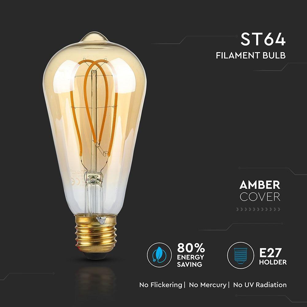 5W ST64 Żarówka LED Filament-Deko, Barwa:2200K, Klosz: Bursztynowy, Trzonek: E27, VTAC, SKU 7220