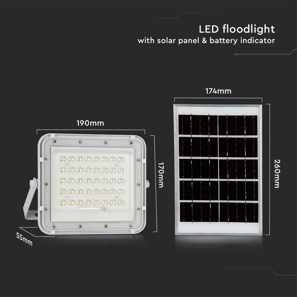 6W Solarny naświetlacz LED z czujnikiem zmierzchu, Panel z przewodem: 3m, Pilot, Bateria 5000mAh/ Barwa:6400K, Obudowa: Biała, VTAC, SKU 7839