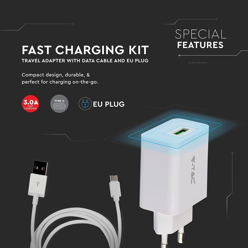 VT-5382 FAST CHARGING SET WITH TRAVEL ADAPTER & TYPE-C USB CABLE-WHITE