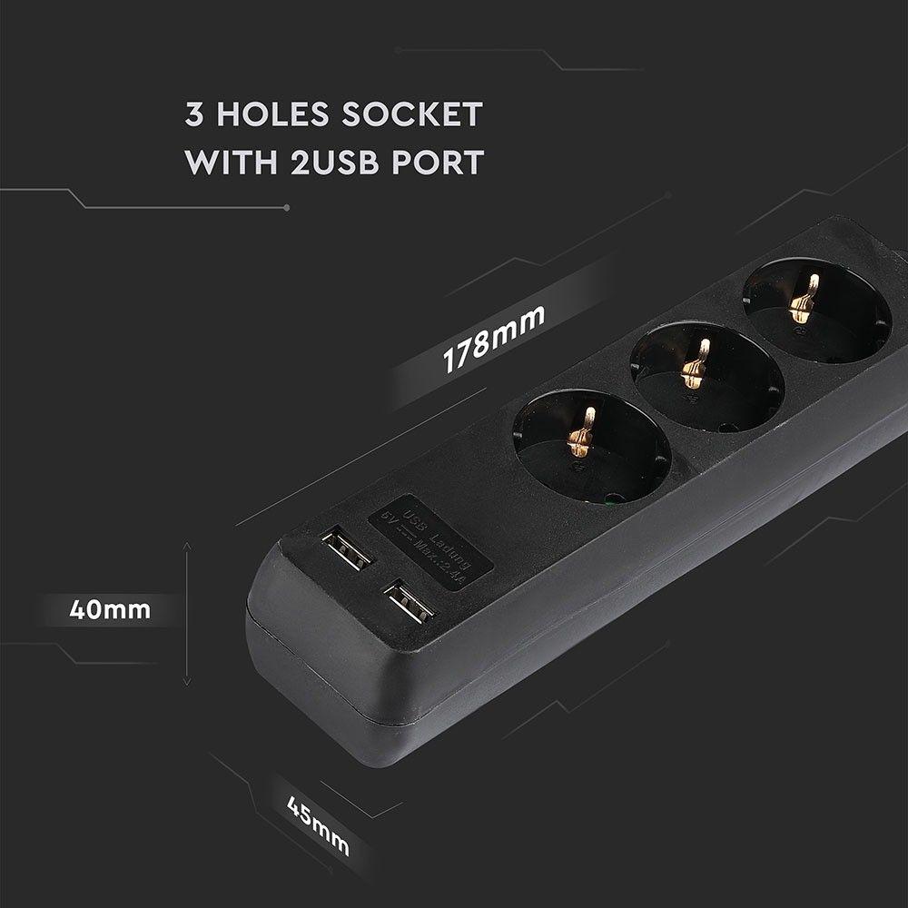 Przedłużacz mieszkaniowy 3 GN. Z portem 2xUSB, 3x1.5 X 5M/ Czarny, VTAC, SKU 8777