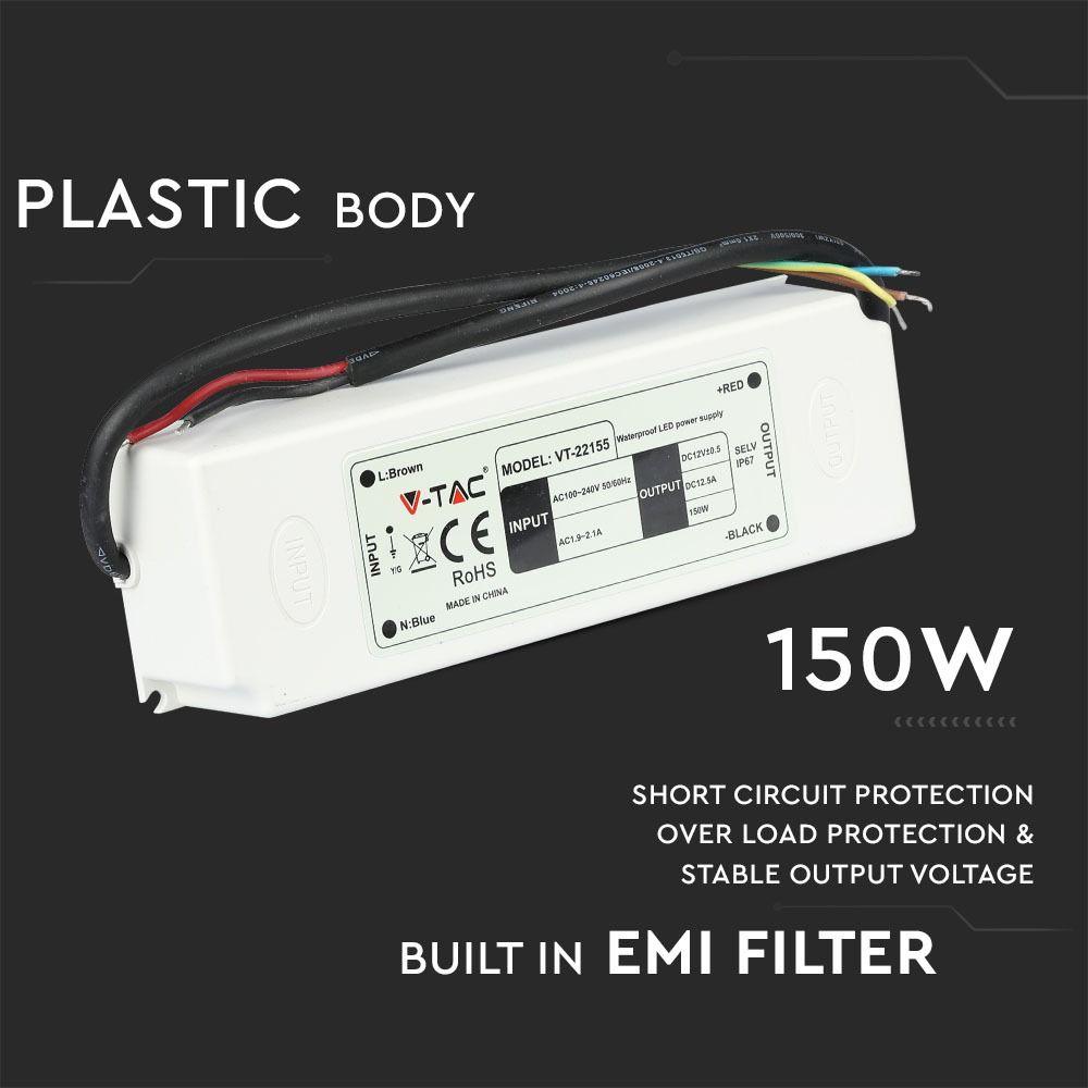 VT-22155 150W LED PLASTIC SLIM POWER SUPPLY 12V IP67,5 YRS WTY