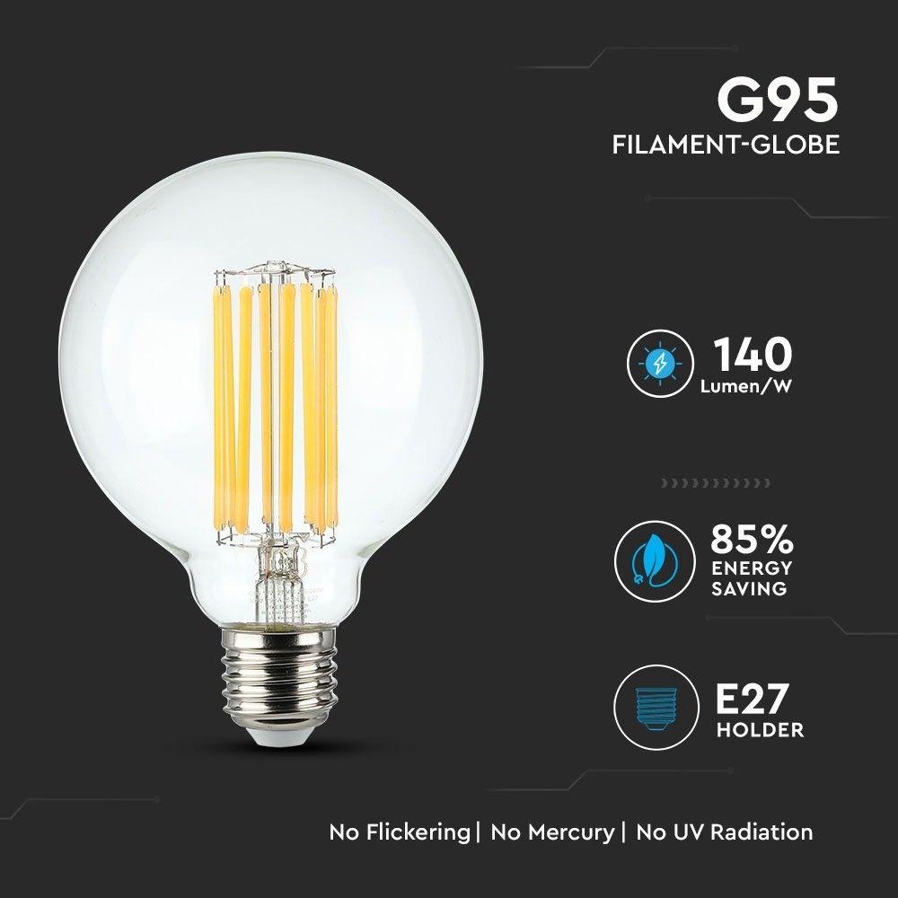 18W G95 Żarówka LED Filament, Barwa:3000K, Skuteczność: 135lm/W, Trzonek:E27 , VTAC, SKU 2803