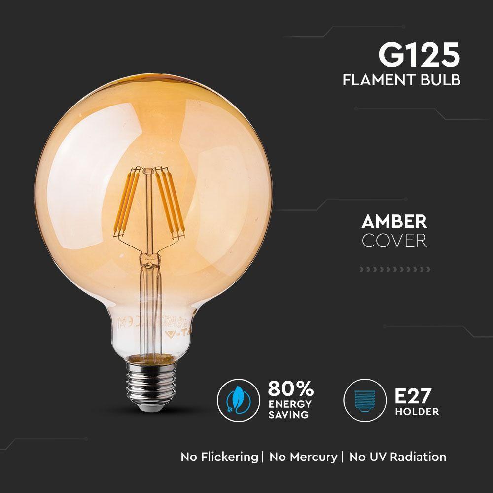 4W LED G125 Żarówka LED Filament, Klosz: Bursztynowy, Barwa:2200K, Trzonek:E27, VTAC, SKU 4473