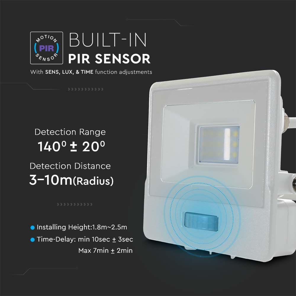 10W Naświetlacz LED SMD z czujnikiem ruchu, Chip SAMSUNG, Przewód: 1m, Barwa:3000K, Obudowa: Biała, VTAC, SKU 20292