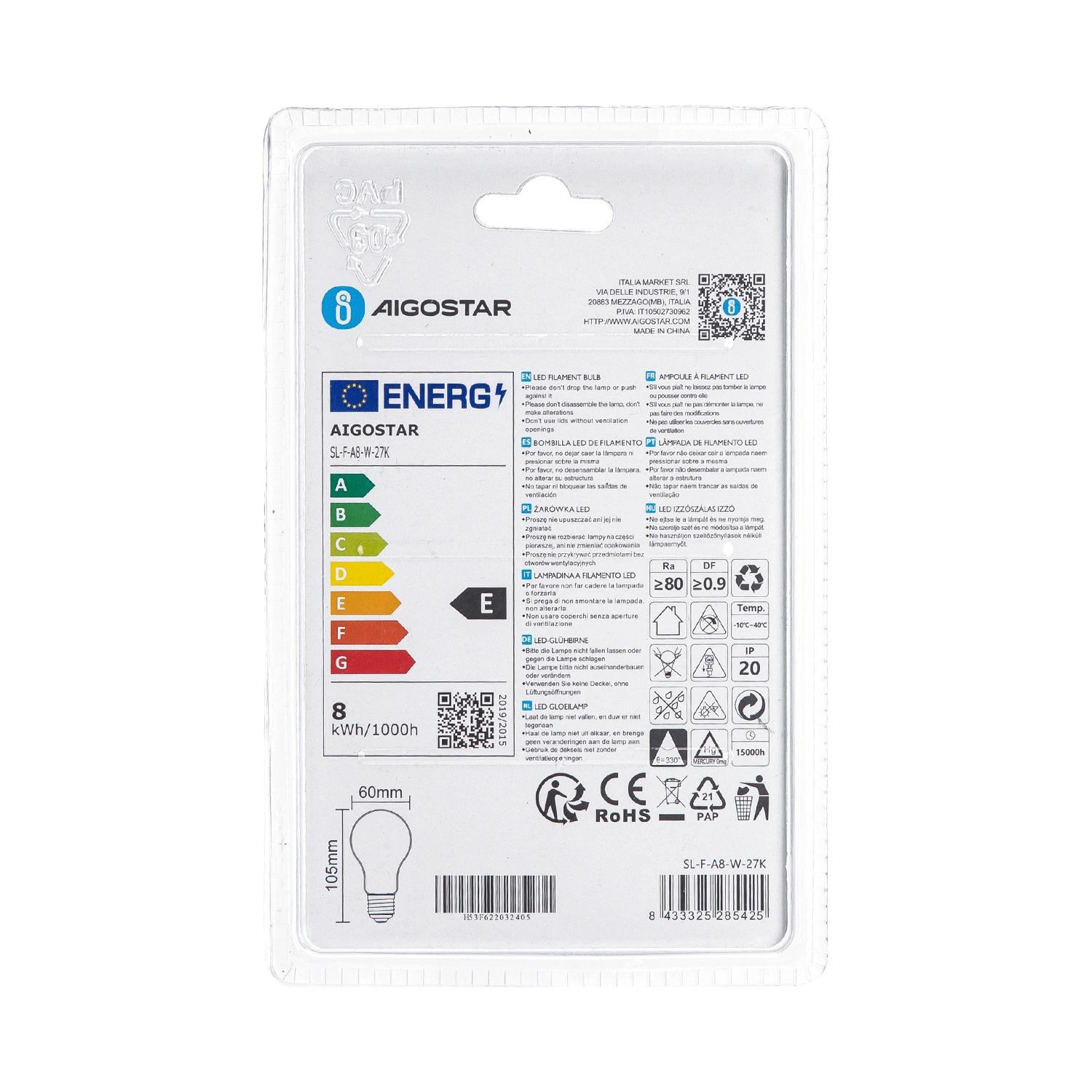 Żarówka LED Filament (Mlecznobiały) A60 E27 8W(8W,900lm,E27,2700K)