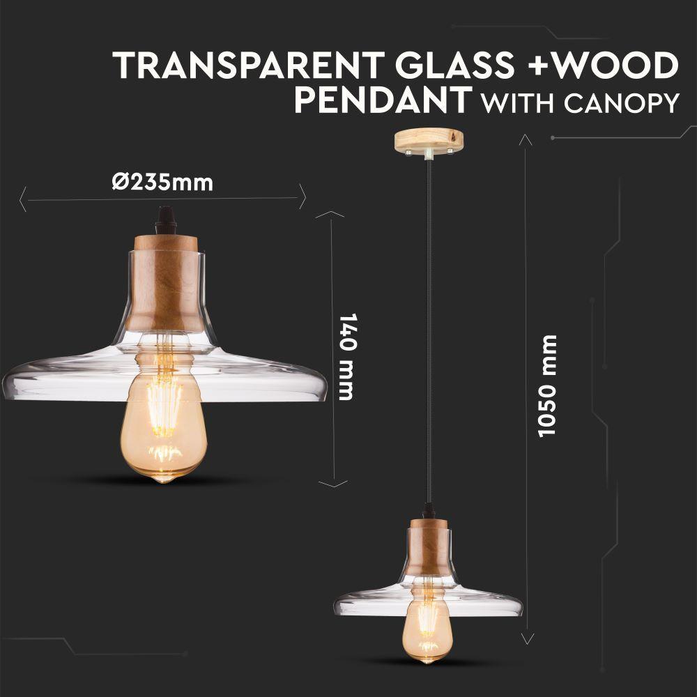 VT-7240 TRANSPARENT GLASS+WOOD PENDANT LIGHT WITH CANOPY-E27