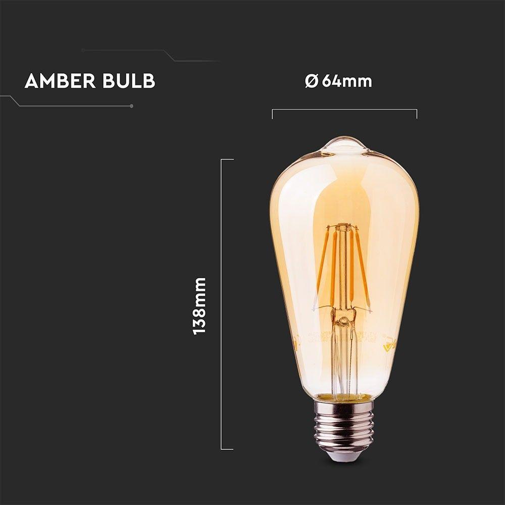 6W ST64 Żarówka LED Filament, Klosz Bursztynowy, Chip SAMSUNG, Barwa:2200K, Trzonek:E27, VTAC, SKU 290