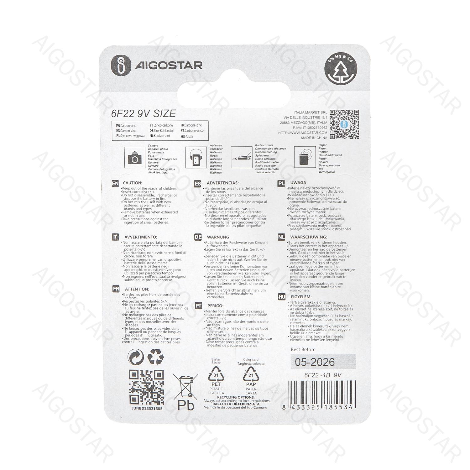 Carbon-zinc battery 6F22 9V-1B 9V