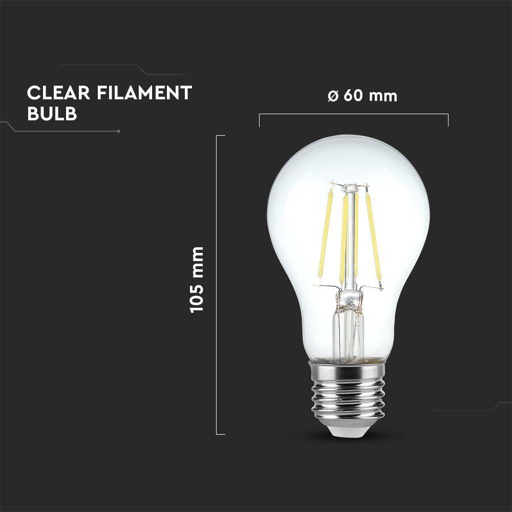 4W A60 Żarówka LED Filament, Barwa:3000K, Ściemniana - 3 stopnie, Trzonek:E27, VTAC, SKU 6845