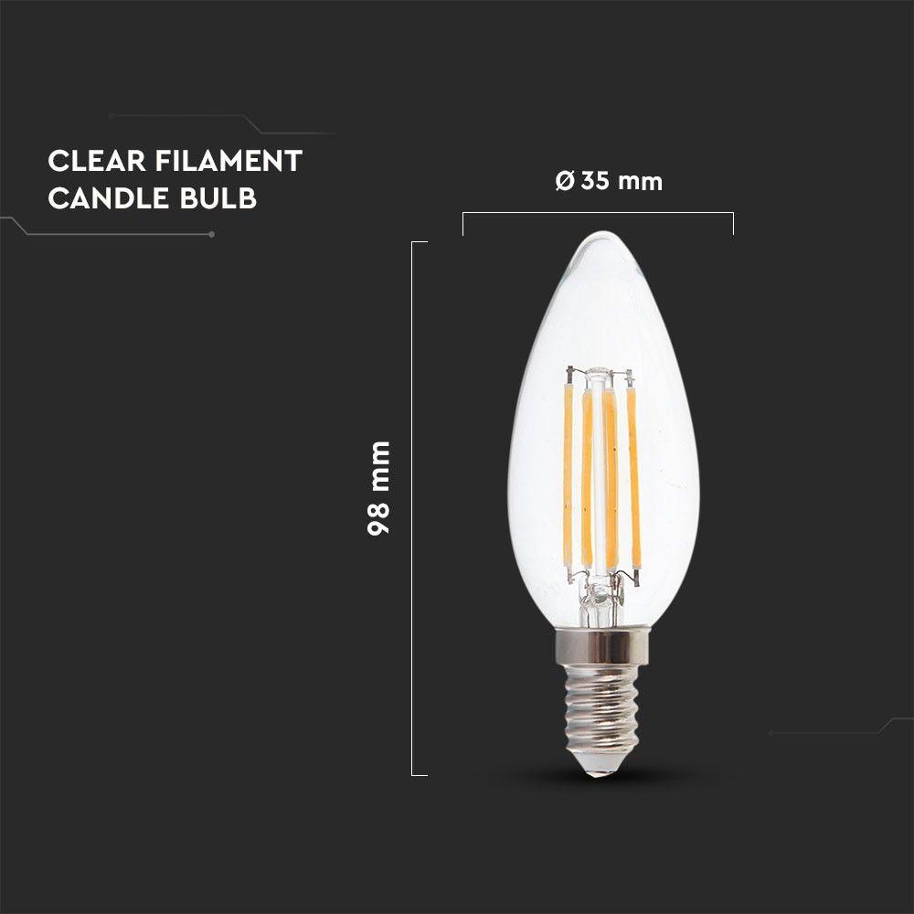 6W C35 Filament, Klosz Transparentny/ Barwa:3000K, Trzonek: E14, Skuteczność: 130lm/W, VTAC, SKU 2848