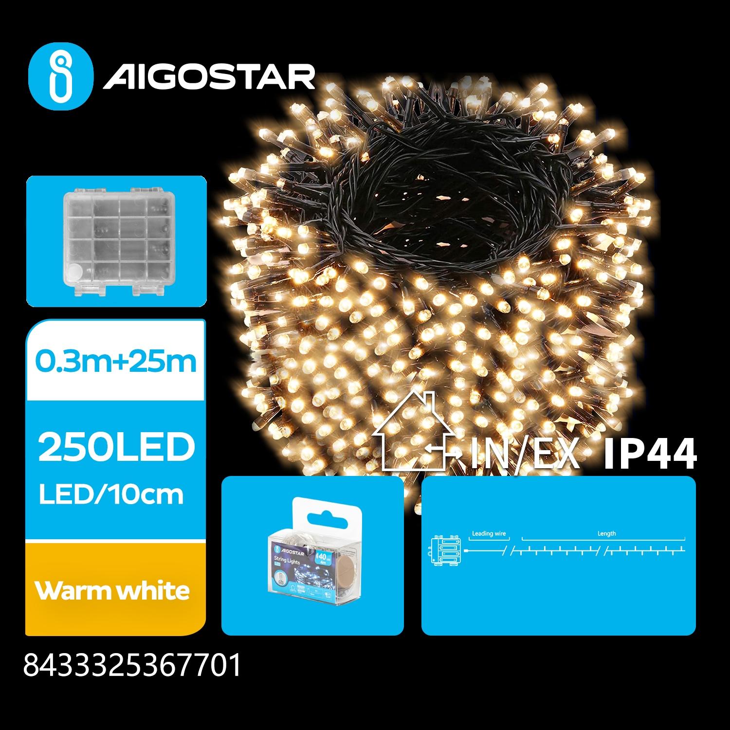 4AA Battery Flat String Lights-Warm White-0.3M+25M-250LED-10CM/LED-transparent wire-8blink+time+IP44