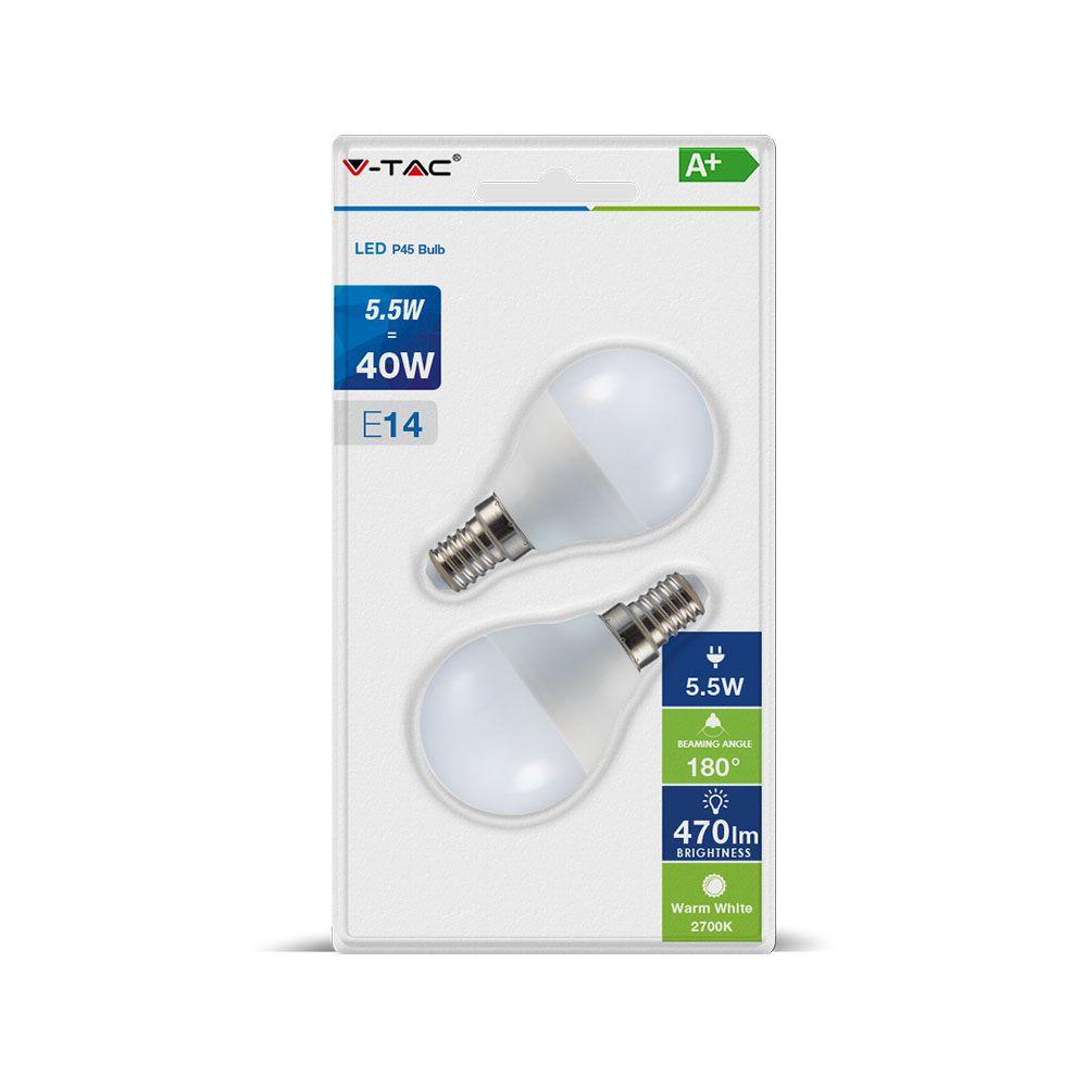 5.5W P45 Żarówka LED, Barwa:4000K/ Blister 2 szt., Trzonek: E14, VTAC, SKU 7356